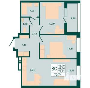 2-к квартира, строящийся дом, 71м2, 25/29 этаж