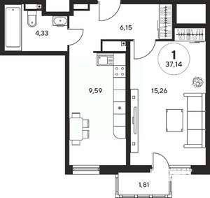 1-к квартира, вторичка, 37м2, 12/25 этаж