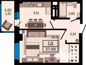 1-к квартира, строящийся дом, 38м2, 22/24 этаж