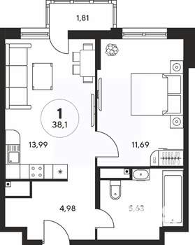 1-к квартира, вторичка, 38м2, 18/25 этаж