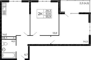 2-к квартира, вторичка, 56м2, 2/18 этаж