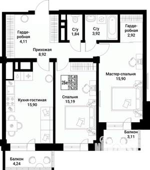 2-к квартира, вторичка, 71м2, 2/10 этаж