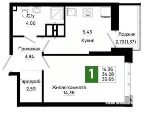 1-к квартира, вторичка, 36м2, 13/25 этаж