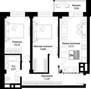 2-к квартира, вторичка, 62м2, 8/10 этаж