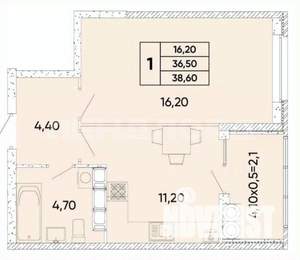 1-к квартира, вторичка, 39м2, 7/9 этаж