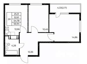 2-к квартира, вторичка, 57м2, 9/25 этаж