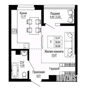 1-к квартира, строящийся дом, 39м2, 21/27 этаж