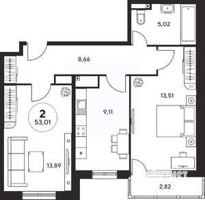 2-к квартира, вторичка, 53м2, 9/25 этаж