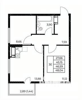 2-к квартира, строящийся дом, 48м2, 22/25 этаж