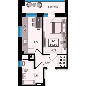 1-к квартира, строящийся дом, 35м2, 20/24 этаж