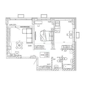 2-к квартира, строящийся дом, 71м2, 4/12 этаж