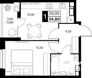1-к квартира, вторичка, 35м2, 3/12 этаж