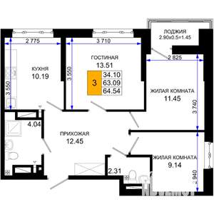 3-к квартира, вторичка, 65м2, 3/25 этаж