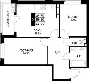 2-к квартира, строящийся дом, 59м2, 17/20 этаж