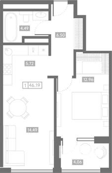 1-к квартира, вторичка, 46м2, 19/24 этаж