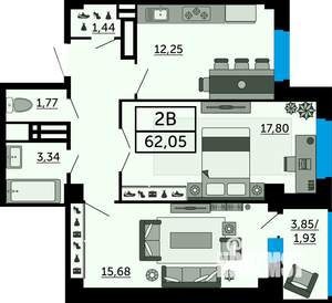 2-к квартира, строящийся дом, 62м2, 14/24 этаж