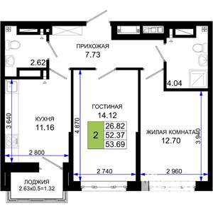 2-к квартира, вторичка, 54м2, 7/25 этаж