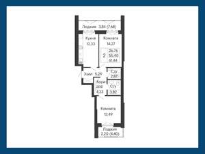2-к квартира, вторичка, 61м2, 3/8 этаж