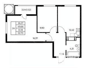 2-к квартира, строящийся дом, 53м2, 17/25 этаж