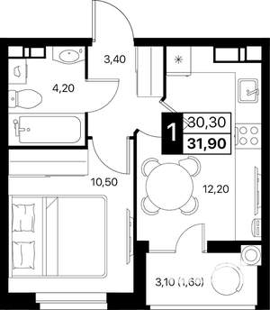 1-к квартира, вторичка, 32м2, 2/12 этаж
