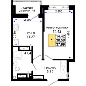 1-к квартира, строящийся дом, 38м2, 9/25 этаж