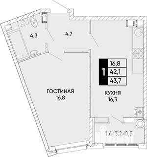 1-к квартира, вторичка, 44м2, 11/24 этаж