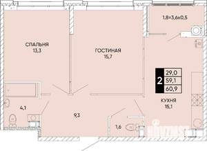 2-к квартира, вторичка, 61м2, 7/24 этаж