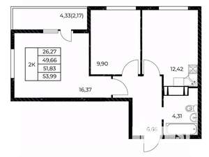 2-к квартира, вторичка, 54м2, 14/25 этаж