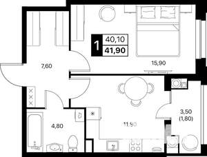 1-к квартира, строящийся дом, 42м2, 2/20 этаж