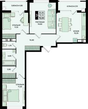 3-к квартира, вторичка, 79м2, 2/15 этаж