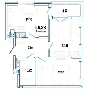 2-к квартира, строящийся дом, 56м2, 1/4 этаж