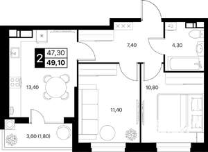 2-к квартира, вторичка, 49м2, 7/12 этаж
