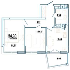 2-к квартира, строящийся дом, 54м2, 1/4 этаж