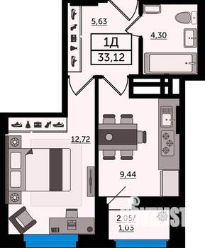 1-к квартира, строящийся дом, 33м2, 20/22 этаж