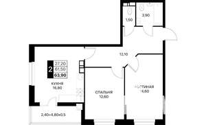 2-к квартира, вторичка, 64м2, 11/12 этаж