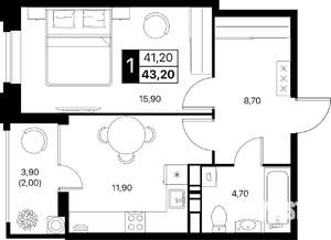 1-к квартира, строящийся дом, 43м2, 7/20 этаж