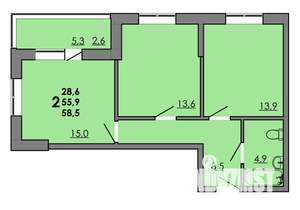 2-к квартира, вторичка, 59м2, 2/16 этаж