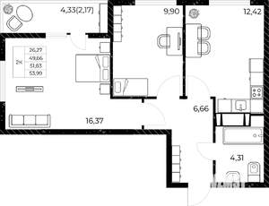 2-к квартира, вторичка, 54м2, 19/25 этаж