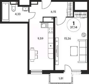 1-к квартира, вторичка, 37м2, 14/25 этаж