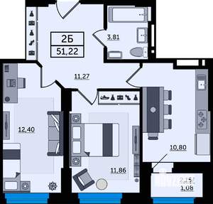2-к квартира, строящийся дом, 51м2, 18/22 этаж