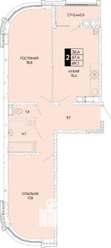 2-к квартира, вторичка, 69м2, 23/24 этаж