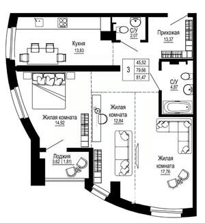 3-к квартира, строящийся дом, 82м2, 6/27 этаж