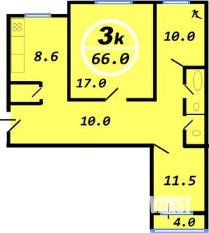 3-к квартира, вторичка, 66м2, 4/9 этаж