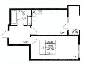 1-к квартира, вторичка, 46м2, 17/25 этаж