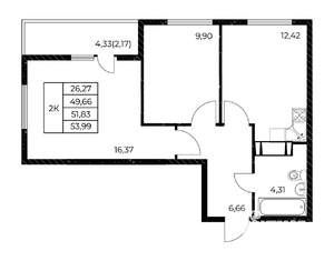 2-к квартира, вторичка, 54м2, 12/25 этаж