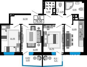 3-к квартира, строящийся дом, 70м2, 15/19 этаж