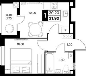 1-к квартира, вторичка, 32м2, 2/12 этаж