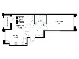 2-к квартира, вторичка, 56м2, 2/12 этаж