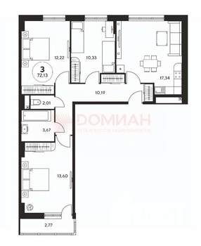 3-к квартира, вторичка, 72м2, 16/25 этаж