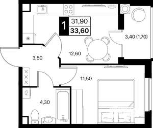 1-к квартира, вторичка, 34м2, 2/12 этаж